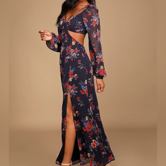 NWT: Growing, Gone Navy Blue Floral Print Cutout Maxi Dress | Size S - Picture 2 of 5